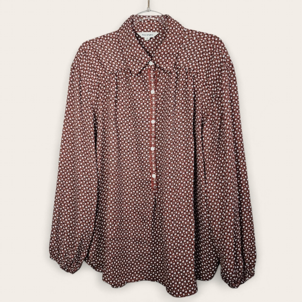 Max Studio Geometric Print Balloon Sleeve Blouse Size Medium